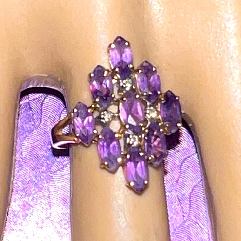 10K Gold Amethyst & Diamond Cluster Cocktail Ring